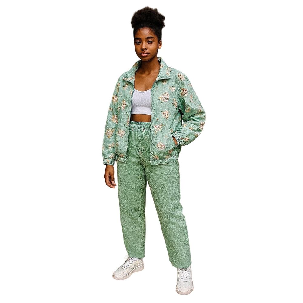 Vintage 90s OutBrook 100% Silk Floral Tracksuit Set Mint Green Jacket & Pants M